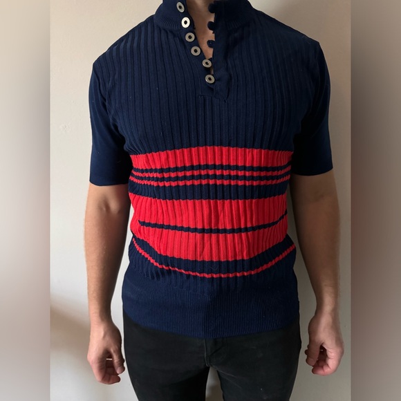 Navy and Red Striped Casual Button Down Shirt - Picture 1 of 2